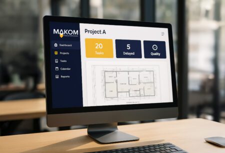 צילום היפר-ריאליסטי של מסך מחשב על שולחן במשרד מודרני מואר. על המסך מוצגת מערכת ניהול פרויקטים "MAKOM System" עם עיצוב מינימליסטי בצבעי כחול נייבי וצהוב חרדל. בצד שמאל סרגל צד כהה עם אייקונים לקטגוריות כמו Dashboard, Projects, Tasks, Calendar ו-Reports. במרכז מוצג פרויקט בשם "Project A" עם נתונים: 20 משימות, 5 משימות באיחור ומדד איכות. מתחת לכך מוצגת תוכנית בנייה טכנית מפורטת. ברקע נראים חלונות גדולים עם אור טבעי וצמחייה מחוץ לחלון, מה שמוסיף לתחושת סביבה מקצועית ונקייה.